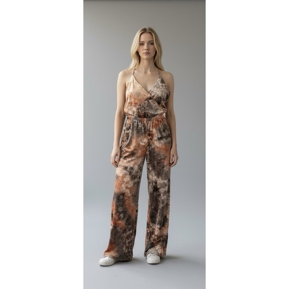 Young Fabulous & Broke Pants - Young Fabulous & Broke Naomi Velvet Jumpsuit M Tie Dye Peach Brown Wide Leg